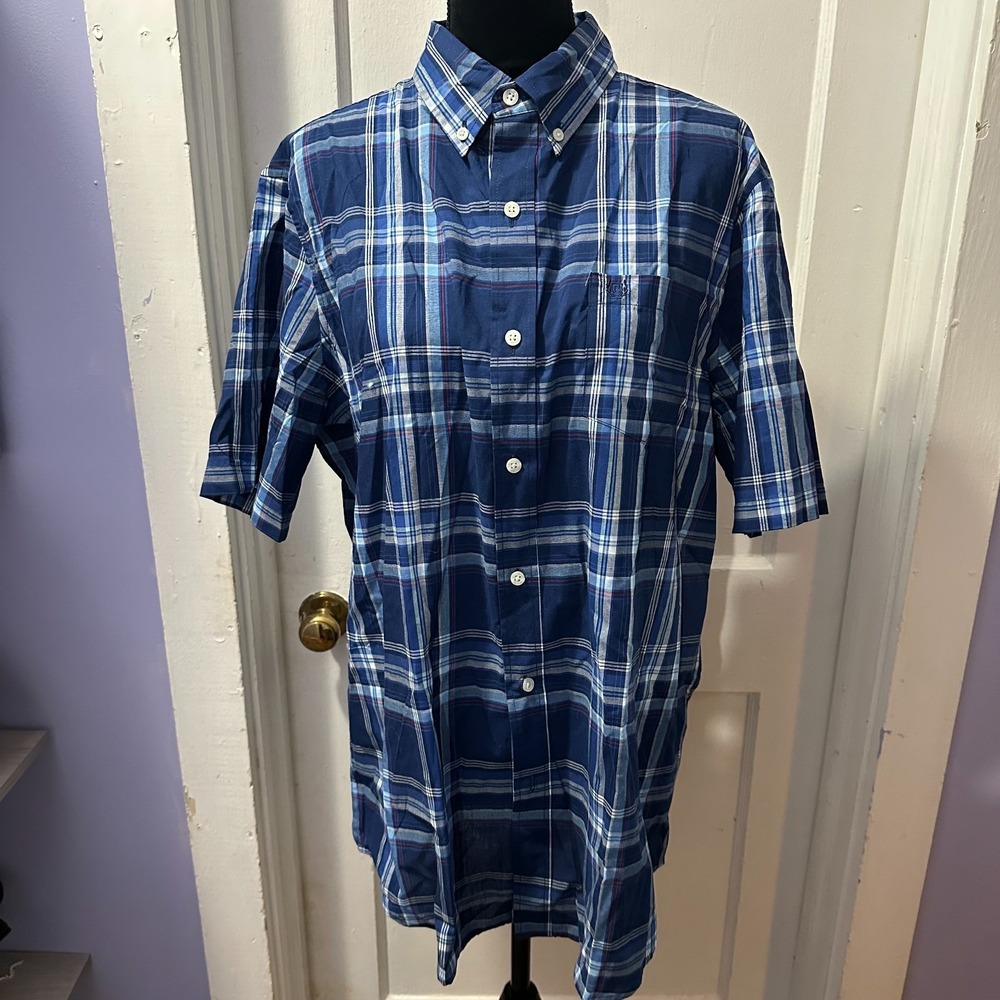 Chaps Blue Plaid Button Down Short Sleeve‎ Shirt in L